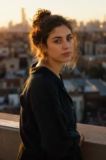 Portrait of a woman on a rooftop lit by low warm sun, city blurred behind her