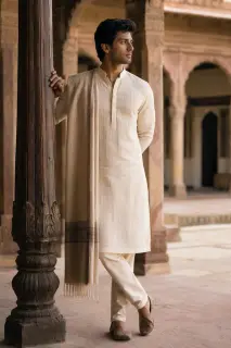 Man in an ivory kurta beside a carved pillar in a heritage courtyard