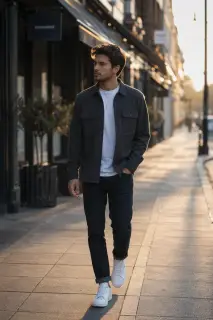 Man walking mid-stride along a city pavement in early morning light