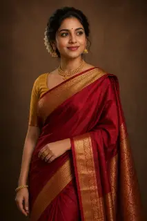 Woman in a red Kanjivaram silk saree with a gold zari border in studio light