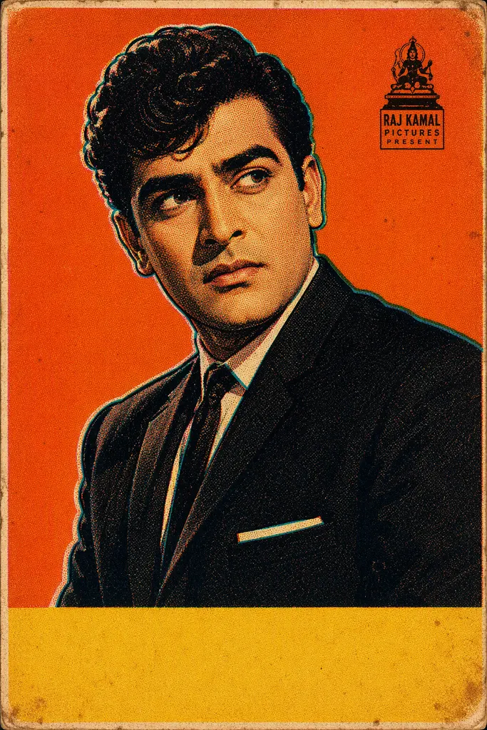 Sixties cinema lobby card of a man in a black suit printed on flat orange