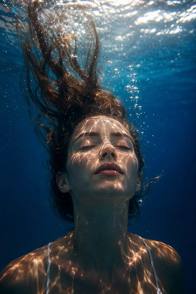 Person just below clear blue water with sunlight caustics across their face