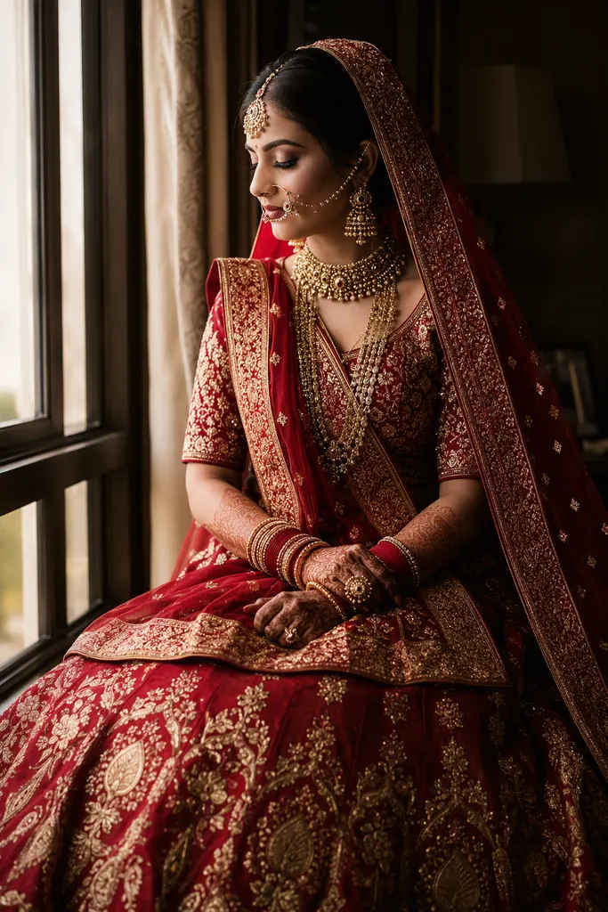 Bride in a red silk lehenga seated by a window in soft directional daylight